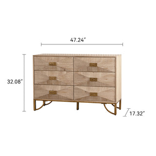 Sunvega Light Wood 6-Drawer Dresser with Geometric Relief and Gold Metal Legs