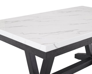 Sunvega Modern Dining Table with White Faux Marble Top and Black Trestle Base