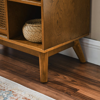 Sunvega Mid Century Modern Rattan Sideboard Cabinet with Adjustable Shelves and Solid Wood Feet