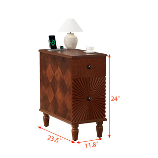 Sunvega Modern Walnut Finish Narrow Side Table with 2 Drawers for Bedroom Living Room