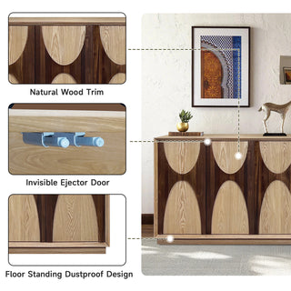 Sunvega Modern 4-Door Wooden Cabinet with Adjustable Shelves and Curved Acacia Wood Accents