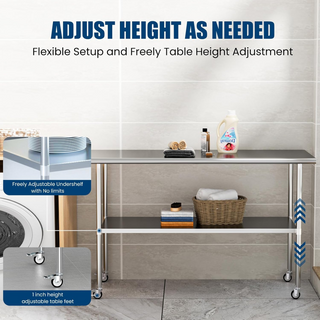 Sunvega NSF-Certified Stainless Steel Prep Table with Wheels and Adjustable Undershelf