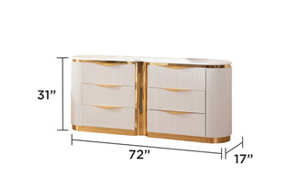 Sunvega White and Gold Six-Drawer Dresser with Soft-Closing Ball-Bearing Drawers