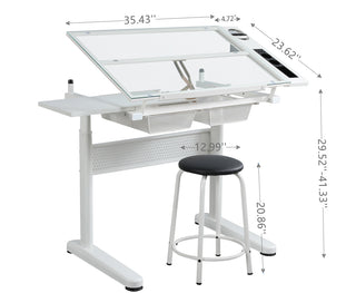 Sunvega Adjustable Height Drafting Table with Tiltable Tempered Glass Top and Stool