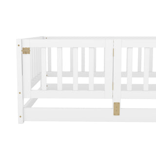 Sunvega Full Size Montessori Floor Bed with Fence Door and Slats for Kids