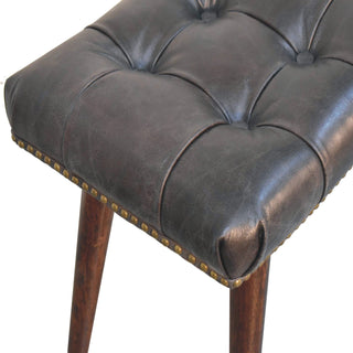 Sunvega Modern Walnut Footstool with Black Buffalo Leather Upholstery and Deep Button Design