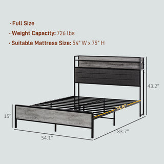 Sunvega Full Size Upholstered Platform Bed Frame with LED Lights and Charging Station