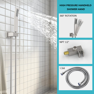 Sunvega 10 inch Rainfall Shower System with Storage Rack and High Pressure Brushed Nickel