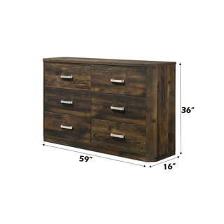 Sunvega Rustic Walnut Finish Six-Drawer Dresser with Brushed Nickel Handles