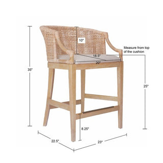 Sunvega Handcrafted Natural Rattan Counter Stool with Soft Linen Upholstery and Solid Wood Legs