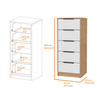 Sunvega White Pine Modern 5 Drawer Vertical Dresser for Narrow Spaces