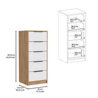 Sunvega 42 Inch High Five Drawer Vertical Dresser in White and Light Oak