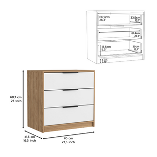 Sunvega Modern 3 Drawer Dresser with Spacious Top Surface in White and Light Oak