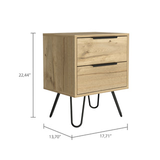 Sunvega Light Oak Nightstand with Two Drawers and Hairpin Metal Legs