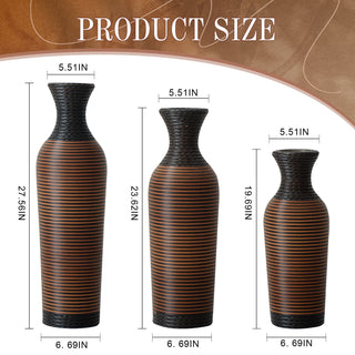 Sunvega Hand-Woven PVC Rattan Vases Set of 3 Brown Farmhouse Floor Decor