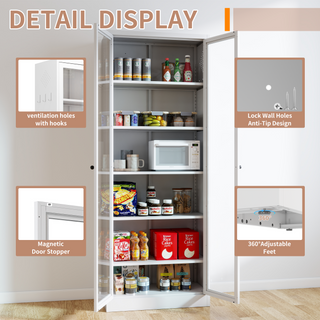 Sunvega Heavy-Duty Metal Pantry Cabinet with 5 Adjustable Shelves and Glass Door