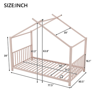 Sunvega Adorable Pink Twin Size Metal House Platform Bed Frame for Kids