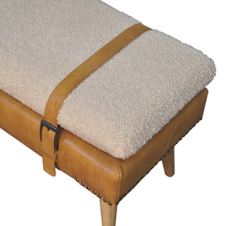 Sunvega Handwoven Bouclé Cotton and Buffalo Hide Leather Bench with Wood Legs