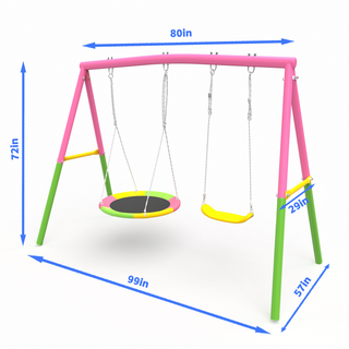 Sunvega Heavy-Duty A-Frame Metal Outdoor Swing Set with Saucer and Belt Swings
