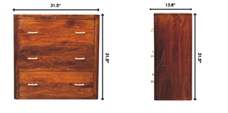 Sunvega Handcrafted Solid Mango Wood Chest of 3 Drawers with Gold Knobs