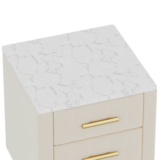 Sunvega Upholstered Velvet Nightstand with 3 Drawers and Marbling Worktop