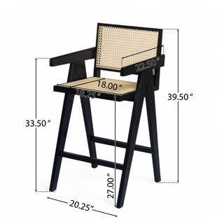 Sunvega Cream Grey Woven Cane Plastic Backrest Bar Stool with Foam-Padded Fabric Seat