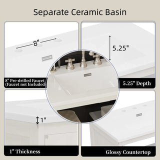 Sunvega Modern 30 Inch Bathroom Vanity with Ceramic Sink and Tempered Glass