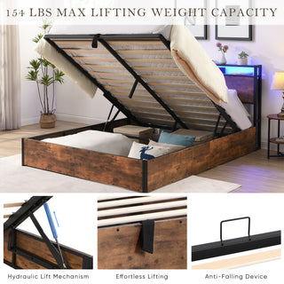 Sunvega Full Size Lift Up Storage Bed Frame with Bookcase Headboard and LED Lights