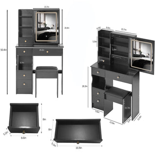 Sunvega Small Space Vanity Table with Cushioned Stool and Extra Large Sliding Mirror