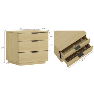Sunvega Modern Oak Nightstand with 3 Drawers and Glam Metal Handles for Bedroom
