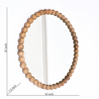 Sunvega 32 Inch Round Hanging Wall Mirror with Natural Wooden Bead Frame