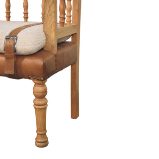 Sunvega Handcrafted Solid Mango Wood Bench with Boucle and Leather Upholstery