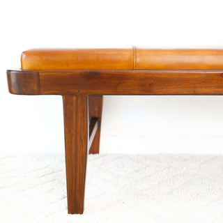 Sunvega Maddox Mid-Century Modern Upholstered Bench with Tan Leather and Teak Wood Legs