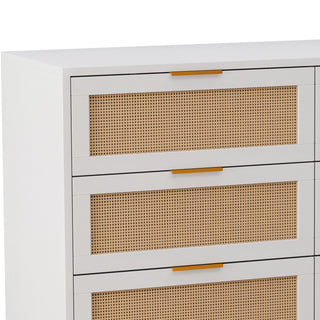 Sunvega Modern Natural Rattan 6 Drawer Dresser with Wood Legs for Bedroom Storage