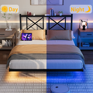 Sunvega Queen Size Floating Bed Frame with Headboard Storage USB Charging and RGB LED Lights