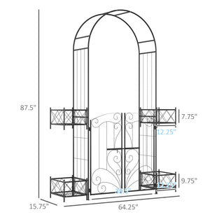 Sunvega Black Metal Garden Arch Arbor with Gate and Planters for Vines and Wedding