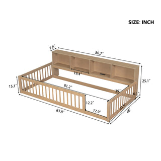 Sunvega White Wood Twin XL Floor Bed with Storage Cabinets and USB Charging Ports