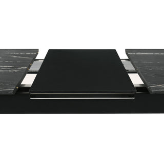 Sunvega Modern Black Dining Table with Self-Storing Leaf and Faux Marble Top