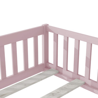 Sunvega Natural Rubber Wood Twin Size Floor Bed with Safety Guardrails and Door