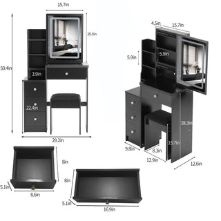 Sunvega Small Space Left Bedside Cabinet Vanity Table with Cushioned Stool and Sliding Mirror