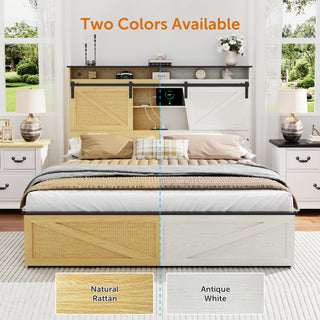 Sunvega Farmhouse Full Size Bed Frame with Storage Headboard, Drawers, Charging Station & LED Lights