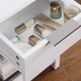 Sunvega White Wooden End Table with Charging Station and 2 Drawers for Bedroom