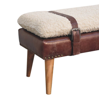 Sunvega Boucle and Mahogany Leather Bench with Belted Strap Design for Entryways