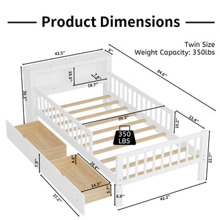 Sunvega Twin Size Bed with Headboard Storage, Two Under-Bed Drawers, and Three-Side Guardrails