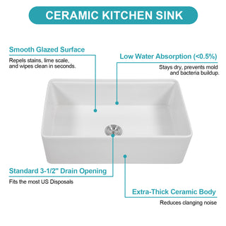 Sunvega 33 Inch White Porcelain Ceramic Farmhouse Kitchen Sink Workstation with Reversible Apron