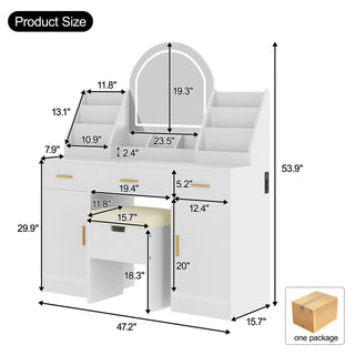 Sunvega Makeup Vanity with Sliding Mirror, LED Lights, Storage Stool, and Charging Station
