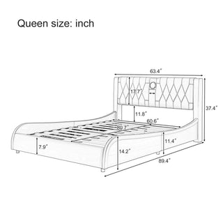 Sunvega Queen Size Faux Leather Platform Bed with RGB LED Lights Bluetooth Speakers