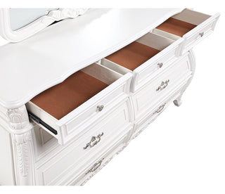 Sunvega Pearl White Dresser with Ornate Carvings and Spacious Storage Drawers