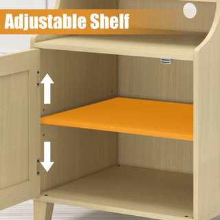 Sunvega Farmhouse Nightstand with Charging Station Rattan Door and Adjustable Shelf