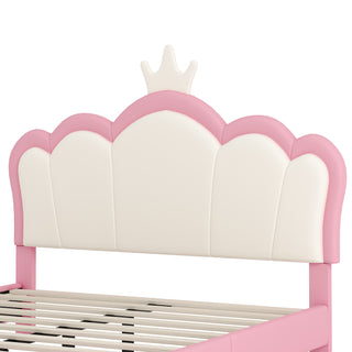 Sunvega Cream Pink Full Size Princess Bed with Crown Headboard and Footboard